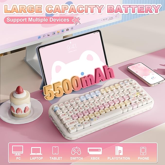 YUNZII C75 Wireless Mechanical Keyboard75% Layout Hot-Swappable NKROBT5.0/2.4G/USB-C ModeDye-Sub PBT MOA KeycapsRGB Gasket MountCute Cake Design for Mac/Win/Gaming (Beige Milk V2 Switch)