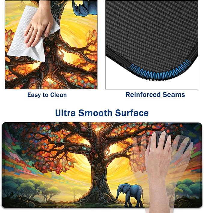 Large Mouse Pad + Keyboard Wrist Rest Set Extended Gaming Mousepad (31.5X11.8 inch) with Non-Slip Rubber Ergonomics Memory Foam Mouse Wrist Rest Support Colorful Tree of Life + Elephant Desk Pad