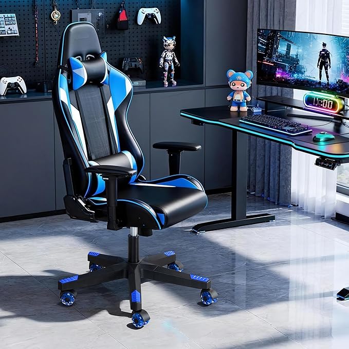 Frassie Nylon Gaming Chair Base Replacement Set with Bottom Plate Mechanism Gas Cylinder 5 Dual Rubber Wheels (Blue)