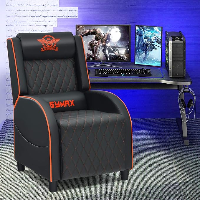 GYMAX Massage Gaming Recliner Chair Ergonomic Racing Style Single Sofa with Adjustable Headrest Backrest &amp Footrest Home Theater Sofa for Living Room Office (Orange)