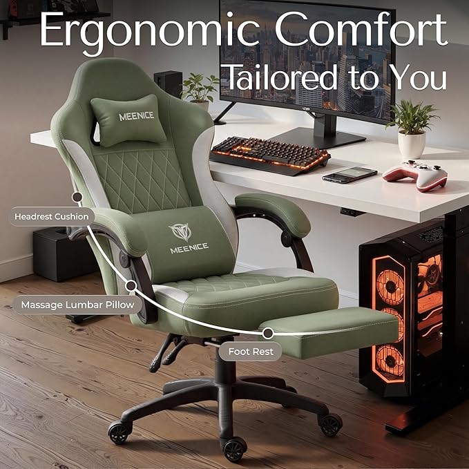 Gaming Chair Fabric with Pocket Spring Custion Ergonomic High Back Video Game Chair with Footrest Massage Lumbar Support Height Adjustable Comfy Computer Chair for Adults Game Green