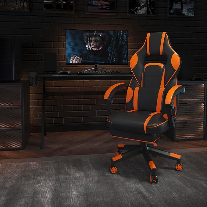 EMMA + OLIVER Black/Orange Ergonomic Gaming Chair -Recline Back/Arms Footrest Massaging Lumbar
