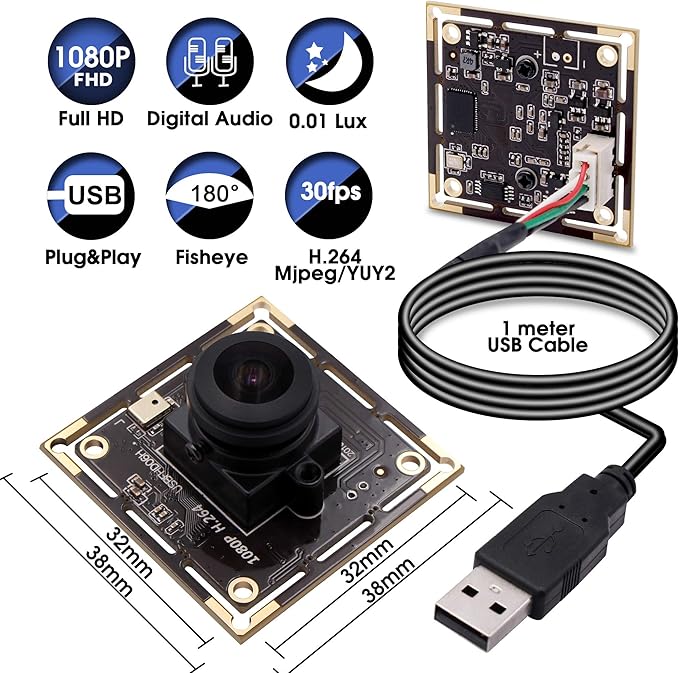 SVPRO Fisheye Lens 180 Degree USB Camera Module HD 1080P Sony IMX323 USB Camera Board with Microphone 0.01Lux Low Light Web Security Cam H.264 Video Output