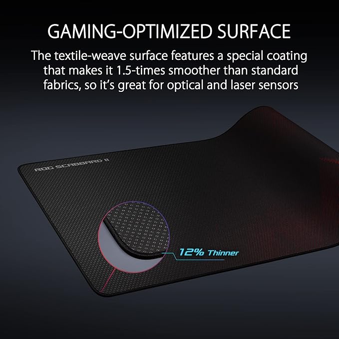 ASUS ROG Scabbard II Gaming Mouse Pad – 14.2” x 10.2” (Medium Size) Smooth Glide Surface Water/Oil/Dust-Resistant Anti-Fray Edges Non-Slip Base - Black