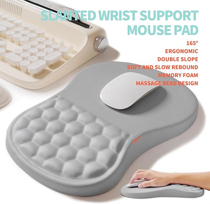 2-in-1 Ergonomic Set Wave Rise Keyboard Wrist Rest and Massage Bulge Slope Mouse Pad Wrist Support Cushion Memory Foam Integrated to Relieve Wrist Pain Silver Gray