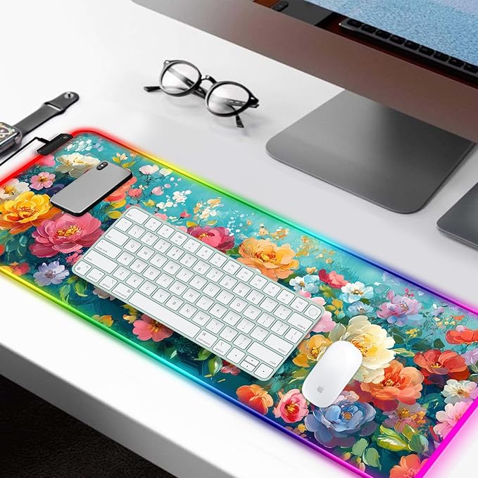 RGB Colorful Flower Peony Gaming Desk Mat Computer Keyboard Large Extended Long Floral LED Mouse Pad for Office and Home XL (W28)