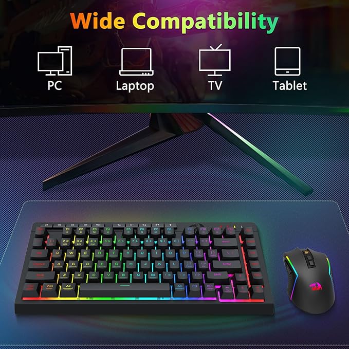 Redragon Wireless Gaming Keyboard and Mouse Combo Bluetooth/2.4G/USB-C Wired RGB Backlit 75% Portable Quiet Rechargeable Macro Membrane Keyboard &amp 12800 DPI Mouse with Software for Win/MAC