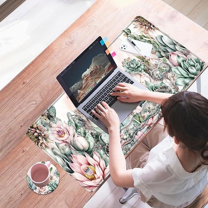 Mouse PadLarge Desk Mat Set 4in1 XL Mousepad + Keyboard Wrist Rest+Mouse Wrist Rest+Coaster with Ergonomic Desk Pad for Home Office Table Computer Cover -Cacti Succulents with Flowers