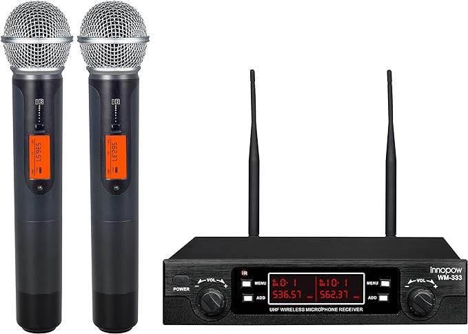200-Channel Wireless Microphones System Dual UHF Metal Cordless Mic Set Auto Scan Long Range 200-240Ft16 Hours Use for Karaoke Singing Church 2022 Version(WM333)