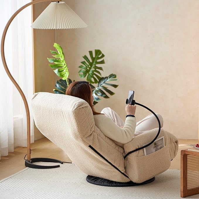 Yoglad Japanese Style Chaise Lounge Sofa with Phone Holder 360-Degree Swivel Chair Floor Gaming Chair Lazy Sofa for Reading Game Meditating 3 Adjustable Positions (Teddy Beige)