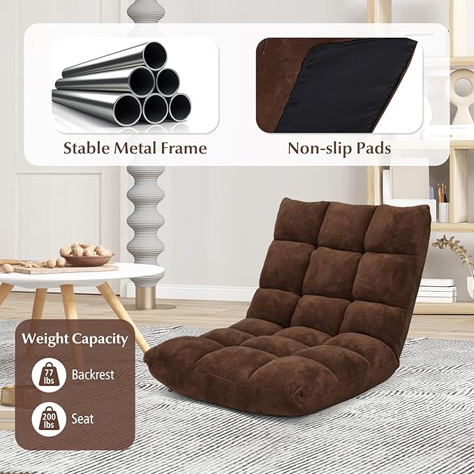 RELAX4LIFE Floor Chair with Back Support - 14-Position Adjustable Lazy Sofa Chair Padded Sleeper Bed &amp Couch Recliner for Reading Meditation Folding Floor Gaming Chair for Adults (Brown)