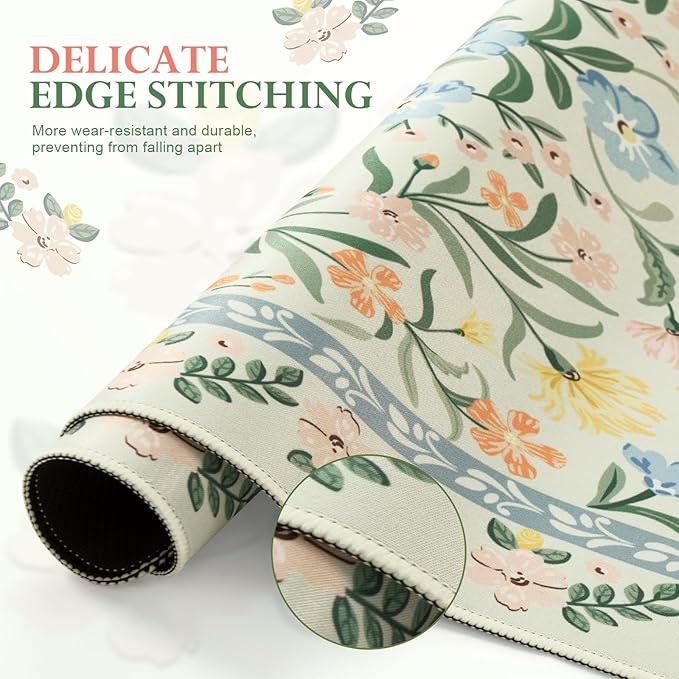 iLeadon Green Floral Desk Cover Mat Computer Mouse Pad and Keyboard Wrist Rest Non-Slip Base Keyboard Wrist Rest and Mouse Pad Set Office Desk Mat Cute for Women (Light Green)
