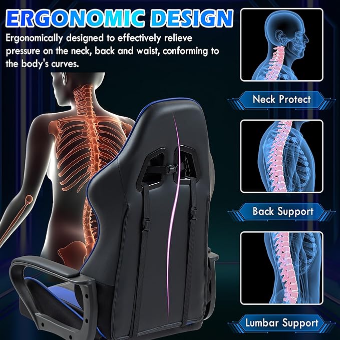ECOTOUGE Gaming Chair Ergonomic Video Game Chair with Massage Lumbar Support &amp Rocking High Back 360° Swivel Computer Gamer Chair for Gaming or Office Height Adjustable Blue
