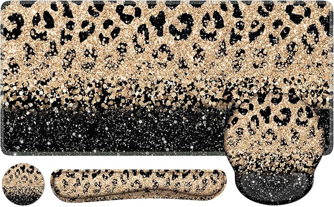 iLeadon Mouse Pad Set Desk Mat + Mouse Pad with Wrist Rest + Keyboard Wrist Rest + Coaster 4in1 Leopard Mouse and Keyboard Pad Set for Home Office Black Gold Leopard