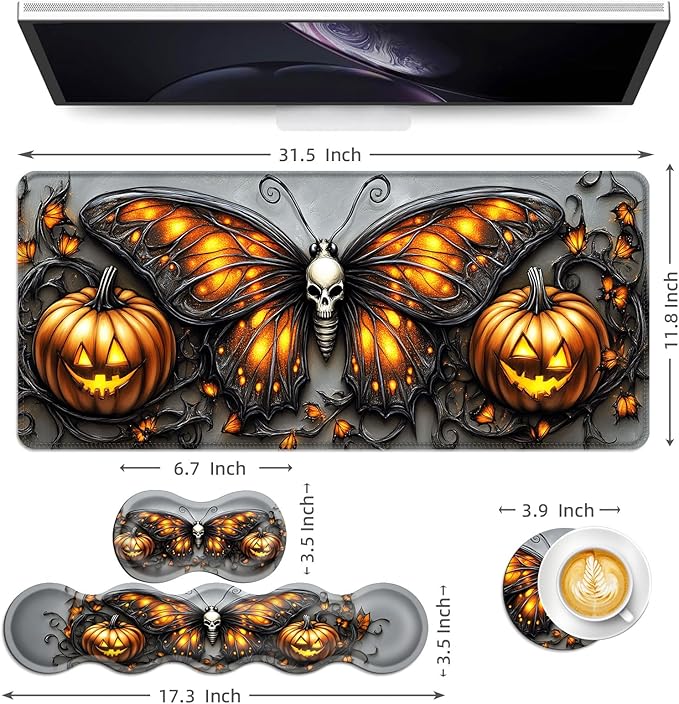 Keyboard Mouse Pad Set Extended Gaming Mouse Pad+Ergonomics Keyboard Wrist Rest Support Memory Foam Easy Typing Pain Relief 4Pcs XL Ultra Thick Desk MatHalloween Butterfly Pumpkin