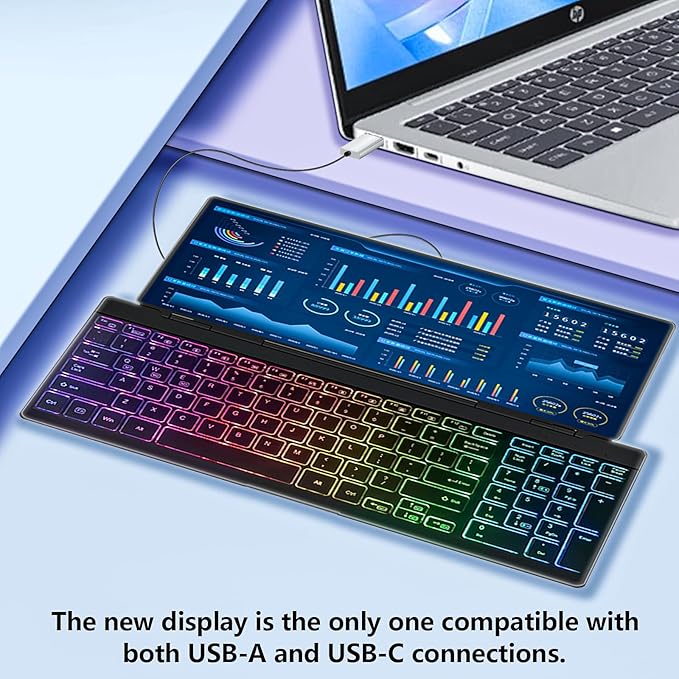 Portable Touchscreen Monitor with Silent Keyboard 12.8-inch Ultra-Slim Stretched Bar Screen Folding FHD 120% sRGB USB-A/C Compatible Screen for Computers Laptops Mini PCs Console