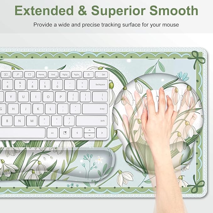 Floral Desk Mat 4in1 Large Mouse Pad with Wrist Rest Desk Matt for Desktop Desk Pad Mat Anti-Slip XXL Big Computer Ergonomic Mousepad with Wrist Support for Keyboard and Mouse I Green Flower Heart