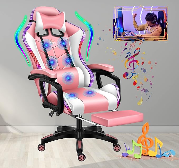 TBQATNTS 7-Point Massage Gaming Chair with RGB Lighting and SpeakersErgonomic Gaming Chair with footrest and Headrest and Lumbar Pillow Video Game ChairsAdults High Back Gaming ChairPink