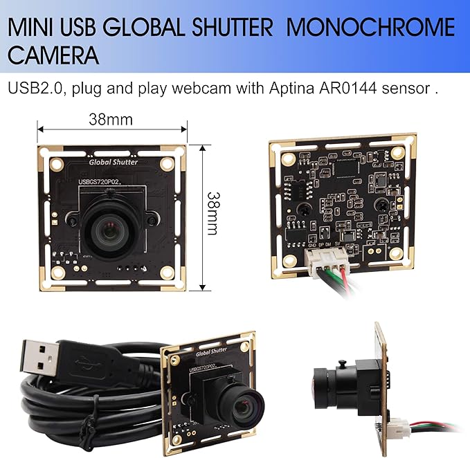 Global Shutter USB Camera Module 720P 60fps High Speed USB Camera Board100 Degree No Distortion M12 Lens USB Webcam Plug and Play for Industrial Machine Vision for MAC/Linux/Raspberry Pi