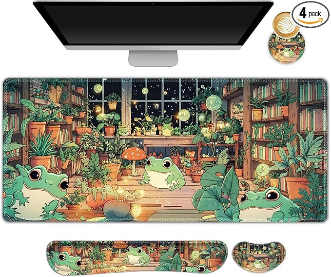 Large Gaming Mouse Pad Set 4 in 1 Ergonomics Keyboard Desk Mat with Memory Foam Wrist Rest Computer PC Extended Game Mousepad Non-Slip Desk Matt Easy Typing Pain Relief I Frog &amp Mushroom