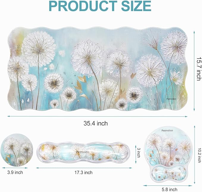 Petmolico Mouse Pad with Wrist Rest-Clear Gel Wrist Rest for Keyboard and MouseLarge Non-Slip Desk Mat and Heat-Resistant Cup CoastersErgonomic Design for Typing Pain（DandelionWhite）