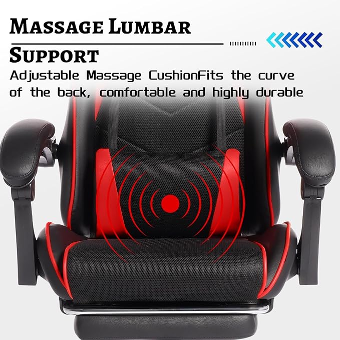 CZBZ E-Sports Gaming Chair with Massage Function Sports Car Style PU Leather Seat Ergonomic Headrest &amp Lumbar Support Foldable Footrest Red