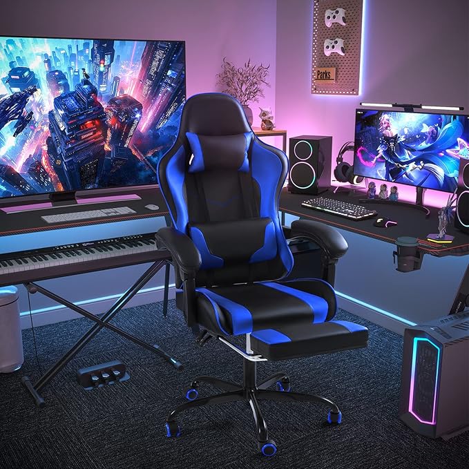 Shahoo Gaming Chair with Footrest and Massage Lumbar Support Video Game Chairs Height Adjustable Seat with Headrest for Office or Bedroom Study Room Dark Blue