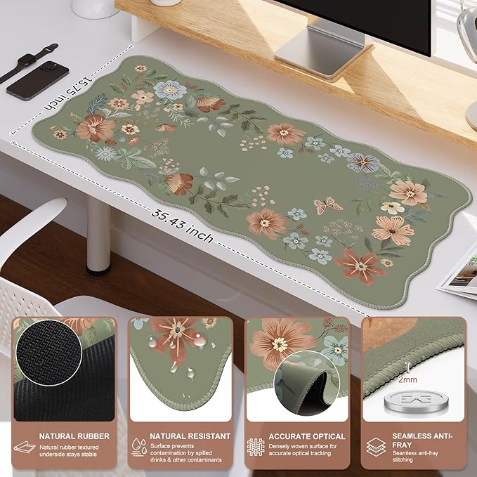 Desk Pad Mat Green Wrist Rest Support for Mouse Pad&ampKeyboard Set Scalloped Vanity mat Protector for Makeup Cute Floral Nail Mat Aesthetic Desk Protector for Women's Office Home Dorm