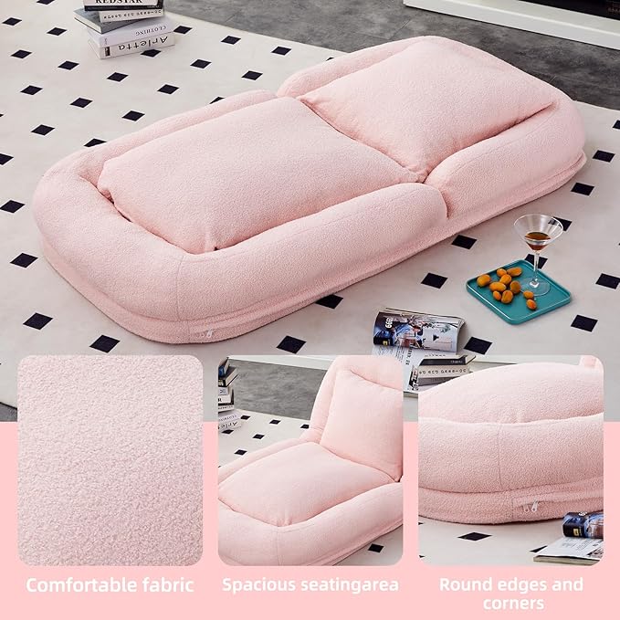 Folding Sofa Chair with 5 Adjustable Positions Plush Floor Lounge Chair for Gaming Meditation and Relaxation (Pink EPU)