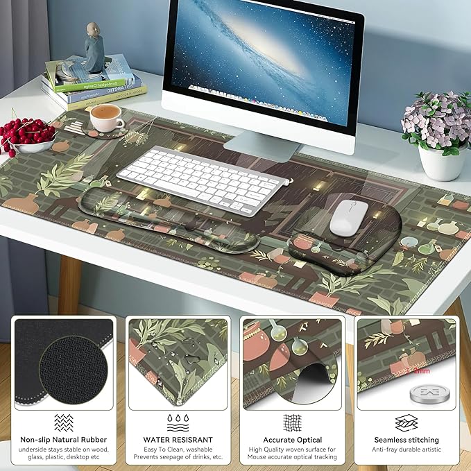 Aesthetics Large Mouse Pad with Wrist Support 4 in1 Set XXL Big Game Mousepad + Keyboard Wrist Rest + Mouse Wrist Rest Pad +Coaster Gaming Mat for Home Office Computer I Green Plants and Black Cat