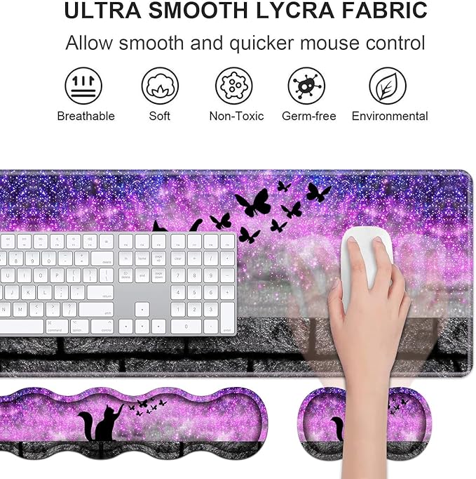 Ergonomic Keyboard Wrist Rest &amp Mouse Pad Wrist Rest Set Large XXL Gaming Desk Mat 31.5x 11.8 with Non-Slip Base Memory Foam Easy Typing Pain Relief for Home &amp Office Black Cat and Butte