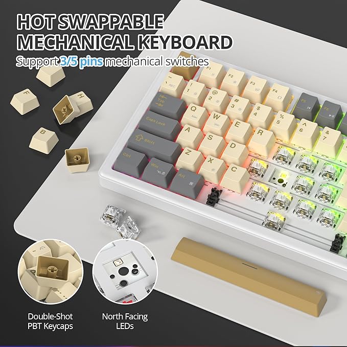 75% Brown Creamy Mechanical Keyboard Wired Creamy Sound Gasket Gaming Thocky Keyboard with Knob Hot Swappable RGB Custom Keyboard Pre-lubed Cream Switch Keyboard (82 Caramel)