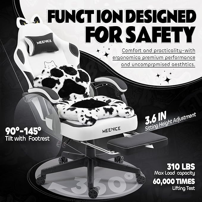 Gaming Chair Cute with Cat Ears Paw Lumbar and CushionErgonomic Computer Chair with FootrestReclining PC Game Chair for Girl Computer Chair 300lbs for Adult Black White
