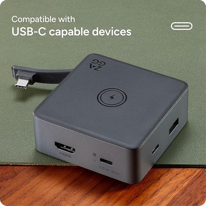 ZAGG 4-Port Hub with Wireless Charging - USB-C PD 100W HDMI 4K USB 10Gbps High-Speed Charging &amp 4K Display for Travel Compatible w/Windows macOS iPadOS ChromeOS Android