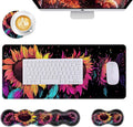 Mouse PadLarge Desk Mat Set 4in1 XL Mousepad + Keyboard Wrist Rest+Mouse Wrist Rest+Coaster with Ergonomic Desk Pad for Home Office Table Computer Cover -Neon Colorful Sunflowers