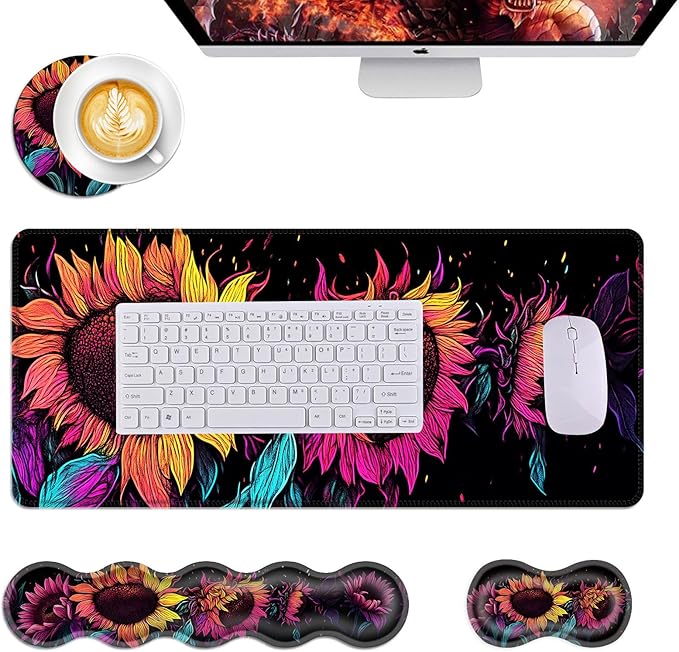 Mouse PadLarge Desk Mat Set 4in1 XL Mousepad + Keyboard Wrist Rest+Mouse Wrist Rest+Coaster with Ergonomic Desk Pad for Home Office Table Computer Cover -Neon Colorful Sunflowers