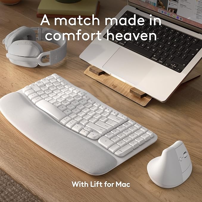 Logitech Wave Keys for Mac Wireless Ergonomic Keyboard with Cushioned Palm Rest Comfortable Natural Typing Bluetooth Keyboard Easy-Switch Optimized for Mac Apple iPad - Off White
