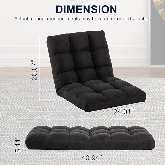 Folding Floor Chair with Back Support Adjust Lay Flat Recliner Oversized Lounge Wide Lazy Boy Gaming Ergonomic Single Sofa Seat for Living Room Bedroom(Black)