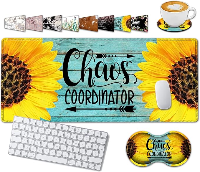 Large Gaming Mouse Pad 31.5x11.8in Extended Computer Mouse Mat with Non-Slip PU BaseErgonomic Memory Foam Keyboard Wrist Restfor Work GamingSunflower Chaos Coordinator Blue Office Desk Pad