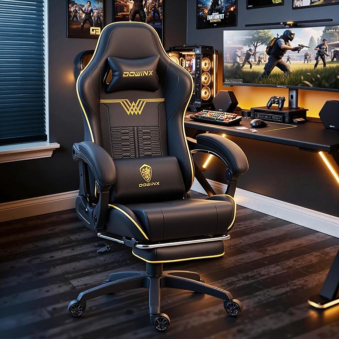 Dowinx Gaming Chair Big and Tall 350LBS Heavy Duty PC Gaming Chair with Massage &amp Footrest Ergonomic Reclining Gamer Chair with Embroidered Esports Design Black