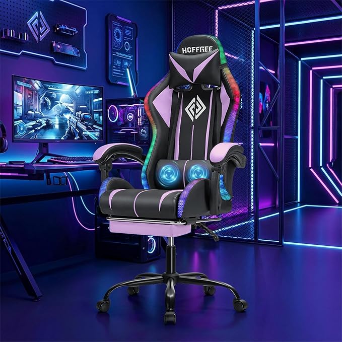 RGB Gaming Chair Massage with LED Lights Ergonomic Computer Gaming Chair with Footrest High Back Video Game Chairs with Adjustable Lumbar Support Purple and Black