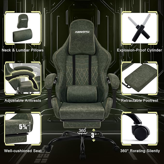 Gaming Chair Video Game Chairs with Large Headrest Pillow Linkage Armrests Retro PU Leather Ergonomic Computer Chair for Gaming or Office Green