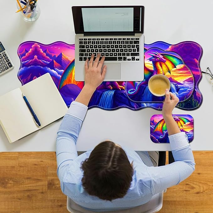 3-Piece Ergonomic Desk Mat &amp Cloud Wrist Rest Set Large 31.5 x 11.8 Wave Office Desk Pad with Memory Foam Support Non-Slip Computer Protector for Home Gaming &amp Writing Purple Dragon