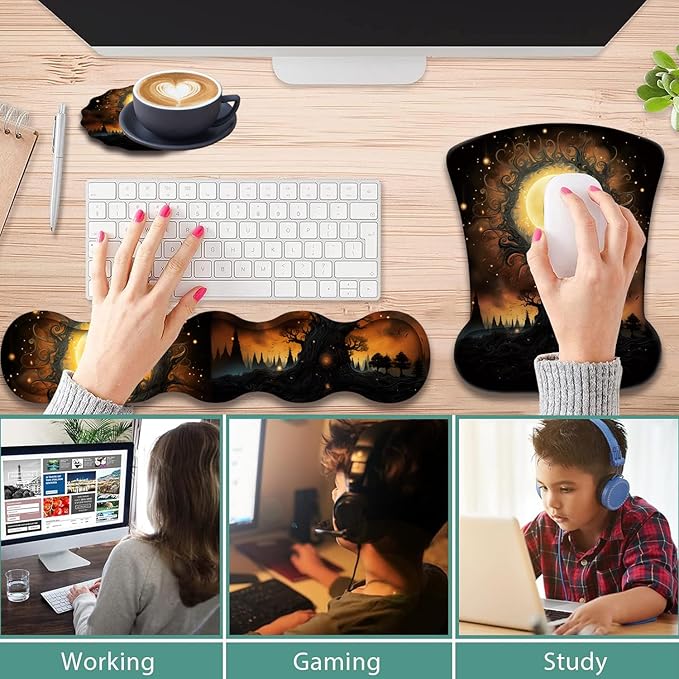 Ergonomic Keyboard Wrist Support Pad and Wrist Support Mouse Pad Anti-Slip with Gel Memory Mouse Pad Set Suitable for Office Use/Home Use - Gothic Moon Sun