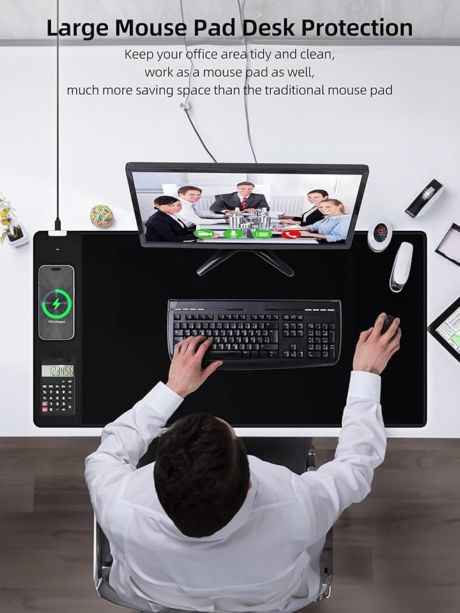 Mouse Pad 31.5x15.75 Inch with Calculator 15W Magnetic Wireless Charging Desk Mat XXL Desk Pad Home Office Large Keyboard Pad with Ultra-Smooth Surface Non-Slip Base (Black with 20W PD Charger)