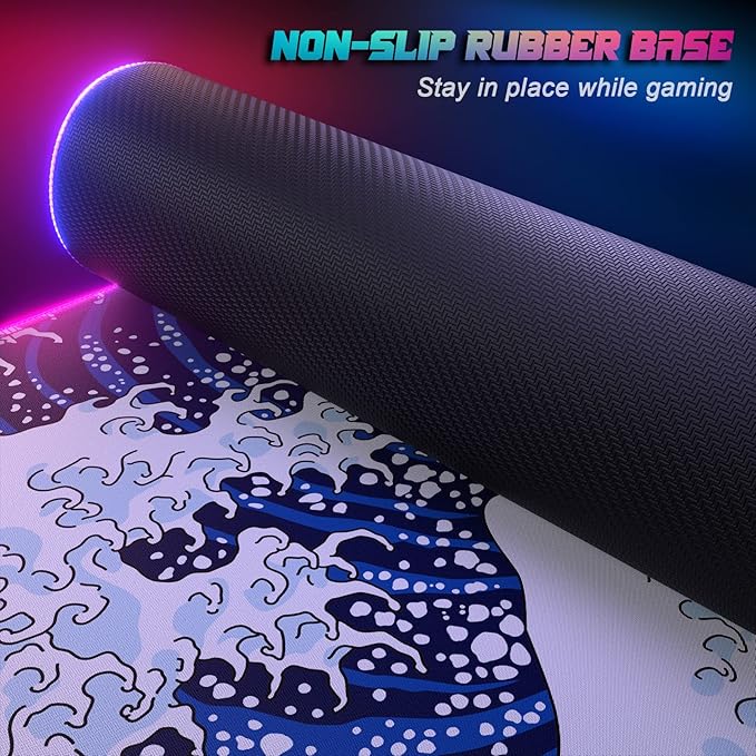 ITNRSIIET RGB Gaming Mouse Pad Full Desk XL Extended Large Gaming Mousepad 12 Lighting Modes 30% Thicker Big LED Desk Mat for Gamers 32 x 12 inches Japanese Waves