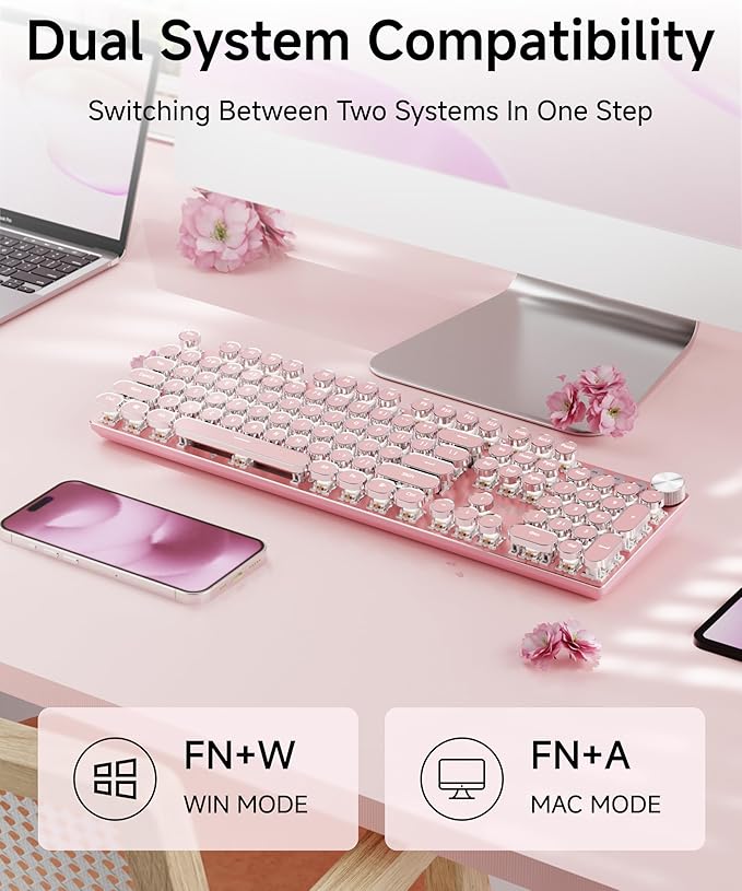 EWEADN V20 Typewriter Keyboard Wireless104 Keys Typewriter Style Mechanical with White Backlit Media Knob White Switch 2.4G/Bluetooth/USB-C Retro Full Size Keyboard for Windows/Mac/PC-Dark Pink