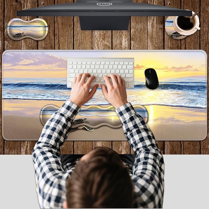 Ergonomic Keyboard Wrist Rest &amp Mouse Pad Wrist Rest SetXL Gaming Desk Mat 31.5x 11.8Non-Slip BaseMemory FoamEasy Typing Pain Relief for Office &amp HomeSea Turtle on Beach Sunset