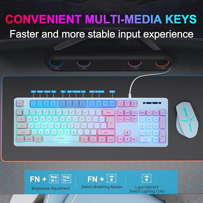 HUO JI Gaming Keyboard USB Wired with Rainbow LED Backlit Floating Keys Mechanical Feeling Spill Resistant Ergonomic for Xbox PS Series Desktop Computer PC Blue Purple