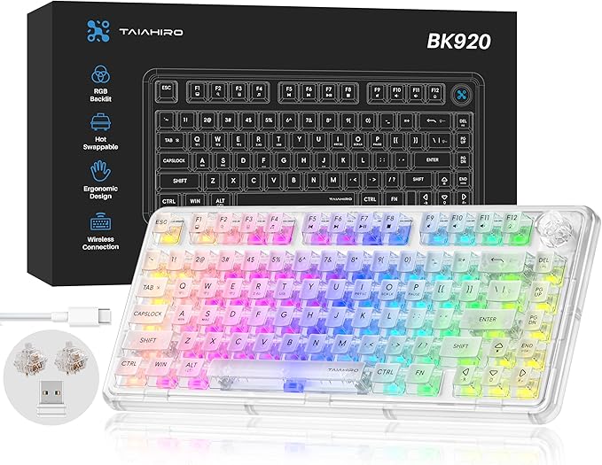 Transparent Mechanical Keyboard RGB Backlit Wireless Creamy Gaming Keyboards Hot Swap Customizable Clear Acrylic Design 80-Key Quiet Linear Switches 3 Modes BT5.0/2.4G/USB-C 4000mAh Battery White